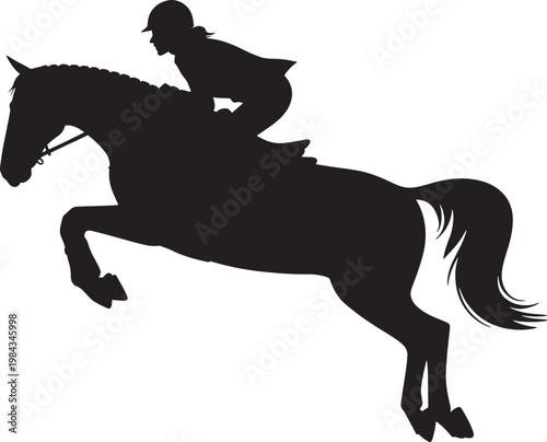 Equestrian sport horse and rider jumping over obstacle silhouette on transparent background