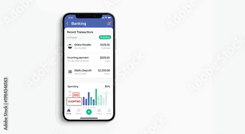 A smartphone displays a mobile banking application interface showing recent transactions and spending analysis silhouette high quality professional detailed modern