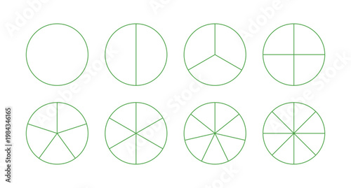Template of green pie chart. Sectors divide the circle on equal parts. Coaching blank. Segmented charts. Parts of green diagram wheel from 8 to 1. Pie charts, pizza charts. 