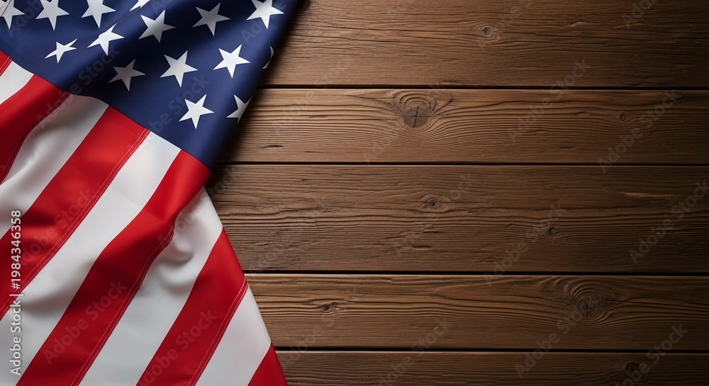 Fototapeta premium American flag on a rustic wooden background with copy space