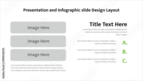 Presentation slide template with three image placeholders and segmented text boxes