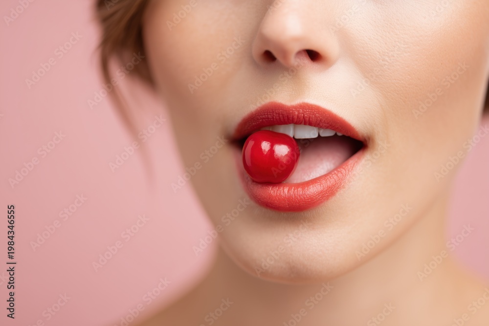Obraz premium Woman with red lipstick and perfect teeth holding a fresh red cherry playfully in her open mouth, close-up