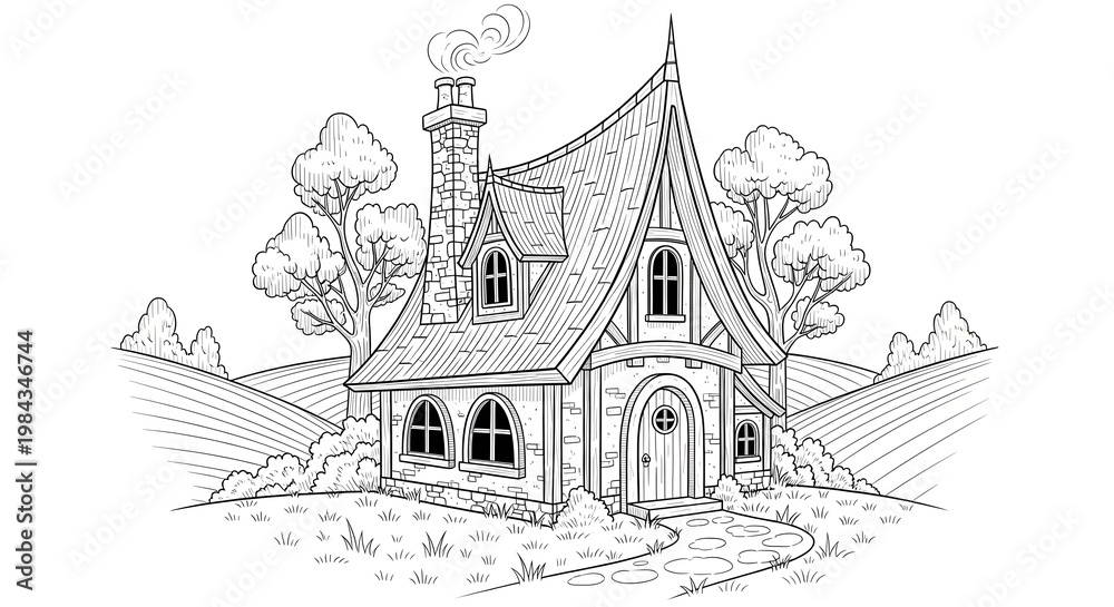 Naklejka premium Intricate castle coloring vector page detailed line art for kids adults
