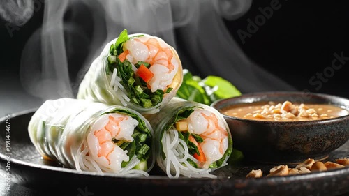 Delicious fresh Vietnamese spring rolls filled with shrimp and vegetables on a dark background with aromatic herbs
