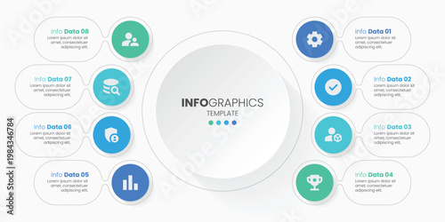 Clean and modern circular infographic template featuring 8 connected data points with minimal flat icons and soft color gradients.
