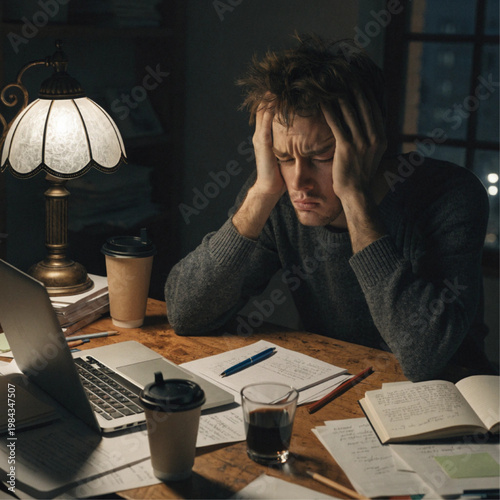 Exhausted Young Man Working Late at Night on Laptop, Stress and Burnout in Home Office, Remote Work Anxiety Concept