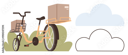 Sustainable delivery, eco-transport, urban logistics, green transportation, shipping services, cargo solutions. A cargo bicycle with packages, greenery and cloud graphics. Eco-transport and urban