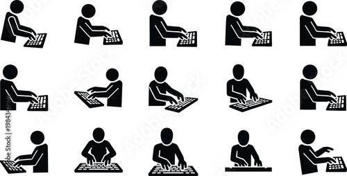 Person working at a keyboard, represented by silhouette icons in various side-view positions