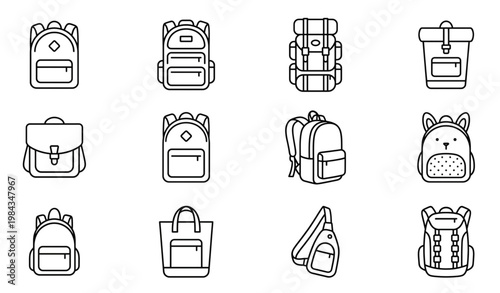 Backpack line icon set with school travel and hiking bag symbols in modern thin outline vector style