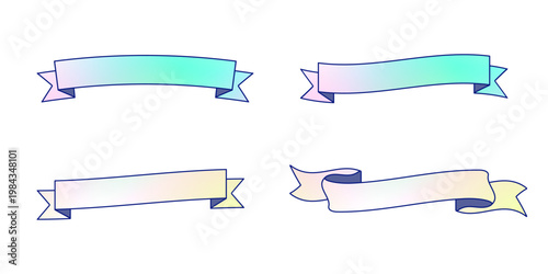 プリズムカラーのグラデーションリボンバナー4種セット・テキスト挿入用装飾ベクターイラスト