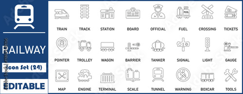 Railway icon set, contaning train, station, railroad, transportation, locomotive, track and passenger. Solid vector icon collection.
