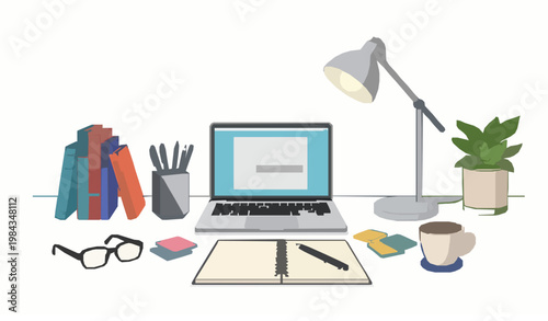 Modern Study Workspace Flat Vector Illustration