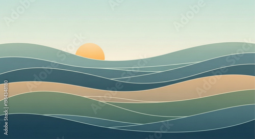 A serene vector graphic illustration of a minimalist wavy landscape with a sunset