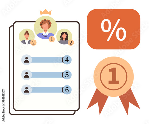 Leadership, competition, ranking, performance metrics, gamification, achievement tracking. Illustrated leaderboard with ranked profiles, percentage symbol and number one ribbon. Leadership