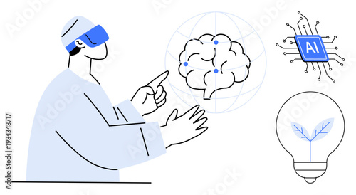 Artificial intelligence, innovation, VR technology, futuristic thinking, neural networks, sustainability. Person wearing VR headset pointing at a brain. Artificial intelligence and innovation concept