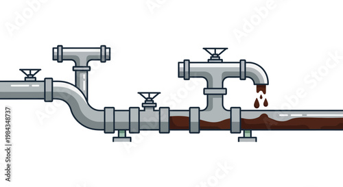 Industrial pipeline system with leaking brown liquid featuring valves and connections in a flat graphic silhouette high quality professional detailed modern