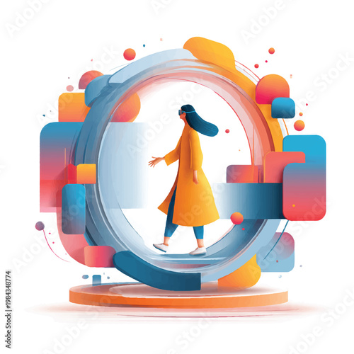 Woman wearing VR headset walking through abstract colorful digital portal