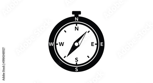 A black silhouette of a navigational compass displaying cardinal directions with a prominent needle pointing south east silhouette high quality professional detailed