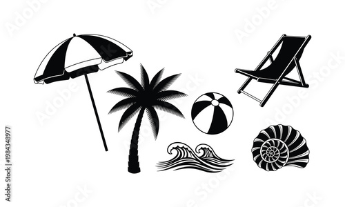 Beach holiday elements with umbrella chair ball waves shell and palm tree vector.