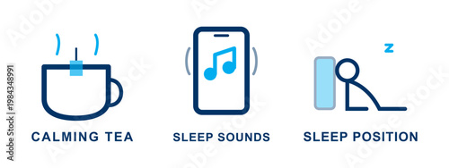Calming tea sleep sounds sleep position icons for better sleep experience.