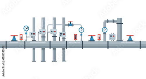 An illustration depicting an industrial pipeline system with various valves gauges and control panels a silhouette high quality professional detailed