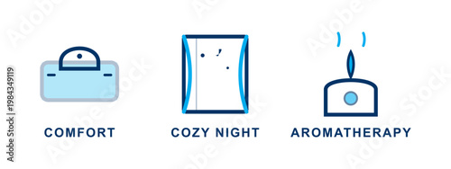 Comfort cozy night aromatherapy icons for peaceful sleep and relaxation.