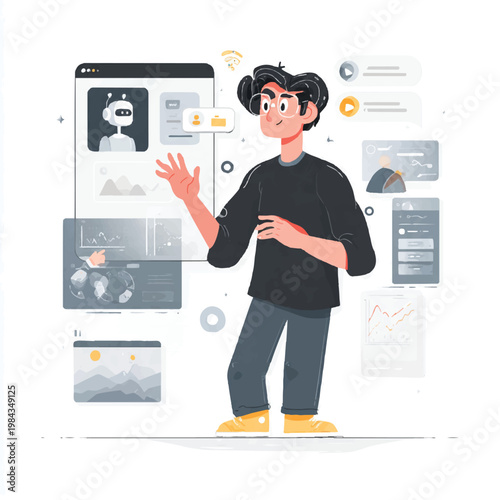 Young Man Developer Interacting With Futuristic AI Chatbot Interface Illustration
