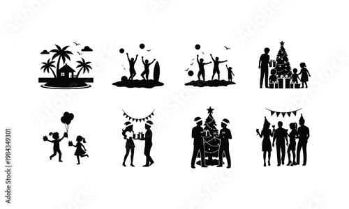 People celebrating holidays on beach and at christmas party vector silhouette illustration.