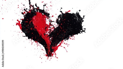 A shattered red and black heart, vibrant center with splattered edges, stark white background symbolizing love and pain.