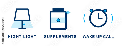 Night light supplements wake up call icons for sleep routine and alarm.