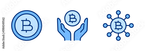 Crypto Finance solid icon set. Cryptocurrency, Financial Technology, Fintech, Digital Payment, Bitcoin concept. Blue vector icons collection.