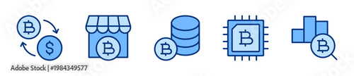 Crypto Finance solid icon set. Cryptocurrency, Financial Technology, Fintech, Digital Payment, Bitcoin concept. Blue vector icons collection.