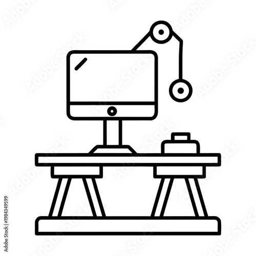 Industrial engineering workstation and robotic arm desk icon.