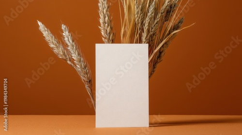 Blank card stands amid dried wheat and grass stems against orange brown background with soft lighting.