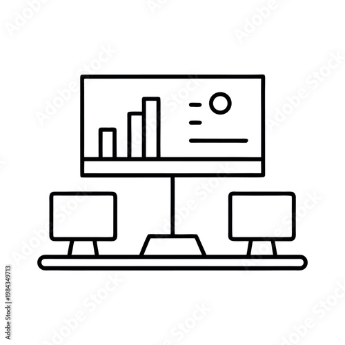 Large chart screen with dual monitors line icon.