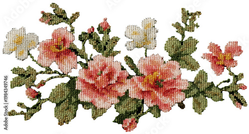 Εκτύπωση καμβά Vintage floral cross stitch bouquet isolated PNG, detailed embroidery flowers cl