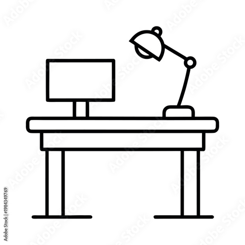 Linear Vector Drawing of a Computer Desk Setup.