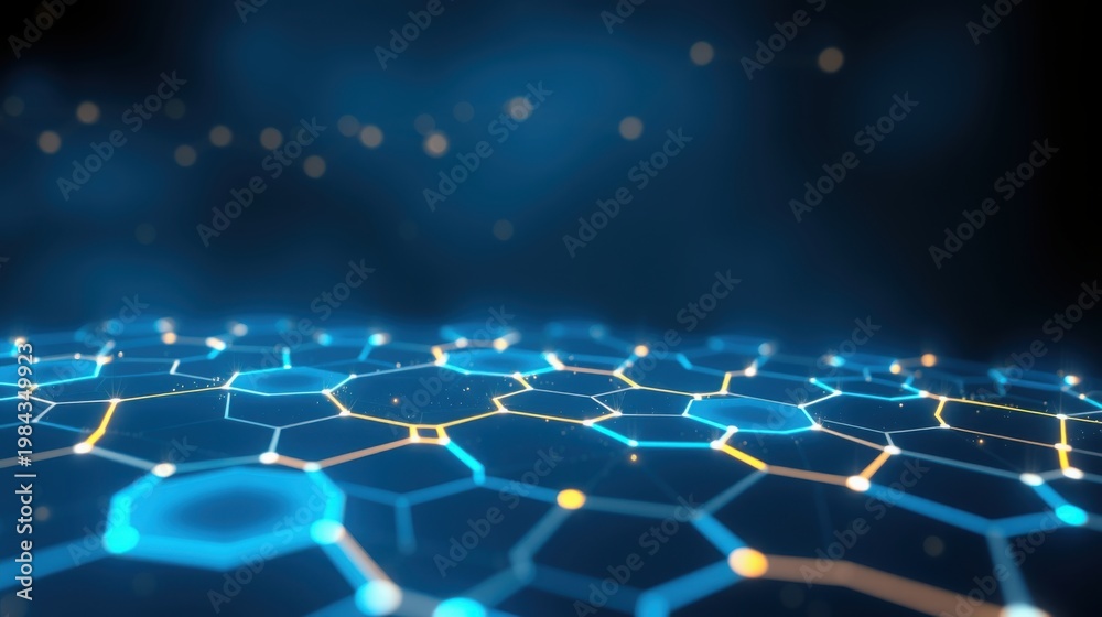 Fototapeta premium Hexagonal grid glows, vibrant blue tones dominate. Futuristic network suggests connectivity, technology, data streams. Depth creates immersive visual experience.