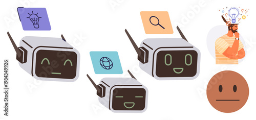 Artificial intelligence, creative thinking, digital search, brainstorming, human-machine connection, innovation. Robots with communication icons and a thinking human character. Artificial