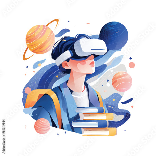 Young Student Using Virtual Reality Headset for Science Education Illustration
