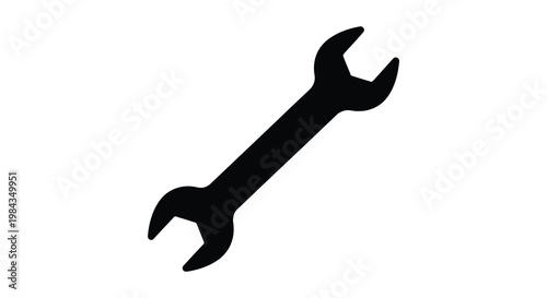 A stark black wrench icon is prominently featured against a white background creating a bold silhouette high quality professional detailed modern