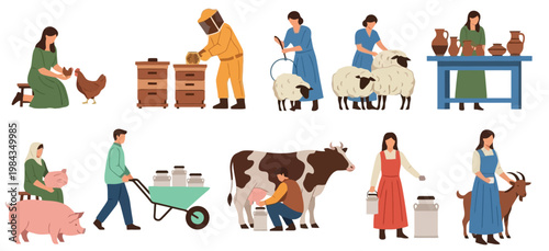 Agriculture and Farm Life Activities Collection with Farmers Milking Cow Feeding Animals Beekeeping Sheep Herding and Pottery Work Flat Vector Illustration Set