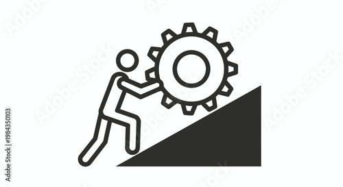 Illustration showing a worker pushing a gear uphill to depict industrial effort and progress.