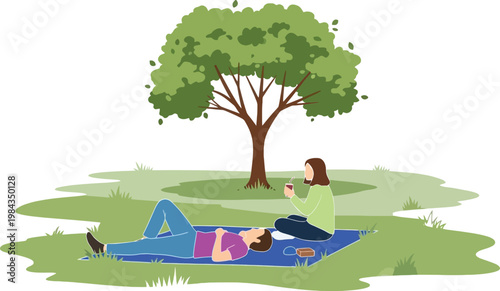 Couple Relaxing Under Tree in Park Picnic Scene with Man Lying on Blanket and Woman Using Phone Outdoor Leisure Flat Vector Illustration