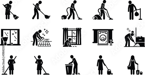 Cleaning icons set: household chores and janitorial services with domestic work, cleaning supplies