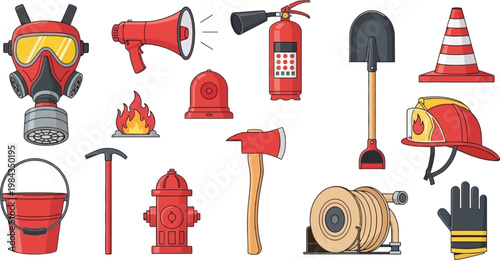 Fire Safety Equipment and Emergency Tools Set with Extinguisher Helmet Hose Alarm Axe Shovel and Protective Gear Flat Vector Illustration Collection