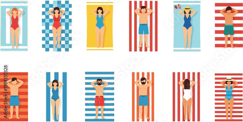 Flat Summer Beach People Collection with Men and Women Sunbathing on Towels, Colorful Striped Mats, Vacation Relaxation Vector Illustration Set