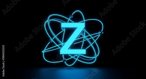 Abstract glowing blue atom symbol with orbiting energy rings on black background energy source digital art particle physics