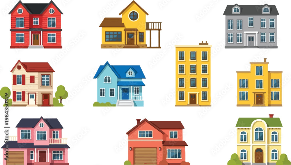 Fototapeta premium Residential Houses Collection Set with Various Home Styles, Modern and Classic Architecture Buildings for Real Estate and Urban Design Vector Illustration