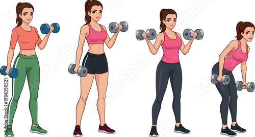 Women Workout Vector Set with Dumbbells, Exercise Poses, and Fitness Gear for Health, Strength, and Gym Illustrations